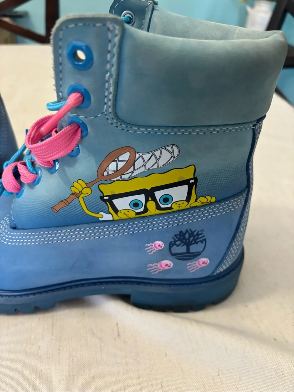 Timberland Sponge Bob Boots with Pink & Teal Laces